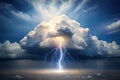 A dramatic lightning strike illuminates a majestic cumulonimbus cloud formation during a powerful storm. Generative AI Royalty Free Stock Photo