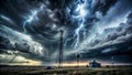Dramatic lightning strike illuminates rural landscape with communication towers under a tempestuous sky. Generative AI Royalty Free Stock Photo