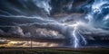 Dramatic lightning strike illuminates rural landscape under a massive, dark storm cloud. Generative AI Royalty Free Stock Photo