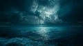 A dramatic lightning strike illuminates a stormy sea at night. The dark clouds create a menacing backdrop, while the waves crash Royalty Free Stock Photo
