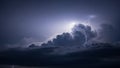 Dramatic lightning strike illuminating dark storm clouds with bright white electrical discharge across the sky Royalty Free Stock Photo