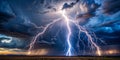 Dramatic lightning strike in the night sky with a thunderstorm AI generated Royalty Free Stock Photo
