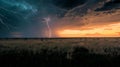A dramatic lightning strike over the African savanna at sunset
