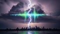 Dramatic lightning strike over city skyline with digital sound wave visualization in storm clouds Royalty Free Stock Photo