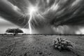 Dramatic Lightning Strike Over Desert Landscape in Monochrome Royalty Free Stock Photo