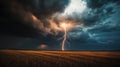 Dramatic lightning strikes a field under dark storm clouds during a thunderstorm, showcasing the power of nature Royalty Free Stock Photo