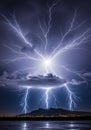Dramatic lightning strikes illuminate a night sky over a mountain Royalty Free Stock Photo