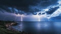 Dramatic lightning strikes over a dark ocean at night Royalty Free Stock Photo
