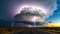 Dramatic lightning strikes over a desert highway at dusk, storm clouds in the sky. Royalty Free Stock Photo