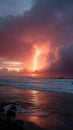 Dramatic lightning strikes over ocean at sunset, creating vibrant sky Royalty Free Stock Photo