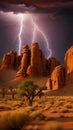 Dramatic Lightning Strikes Over Towering Desert Rock Formations Royalty Free Stock Photo