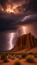 Dramatic Lightning Strikes Over Towering Desert Rock Formations Royalty Free Stock Photo