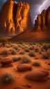 Dramatic Lightning Strikes Over Towering Desert Rock Formations Royalty Free Stock Photo