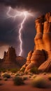 Dramatic Lightning Strikes Over Towering Desert Rock Formations Royalty Free Stock Photo