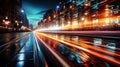 Dramatic lights trails on a wet city street