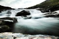 Dramatic long exposure shot of rapids and rocks