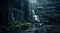 Dramatic long exposure of waterfall on deserted building