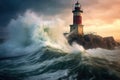 dramatic long exposure of waves crashing near a lighthouse