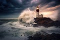 dramatic long exposure of waves crashing near a lighthouse