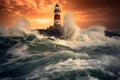 dramatic long exposure of waves crashing near a lighthouse