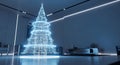 Cinematic 3D render capturing a futuristic holographic wireframe Christmas tree glowing with blue and gold data streams in a minim Royalty Free Stock Photo