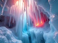 Long Icicles Hanging Inside Illuminated Red and Blue Ice Cave Ai Generated Royalty Free Stock Photo