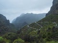 Dramatic lush green landscape with winding curvy mountain road towards Masca village situated in a picturesque valley