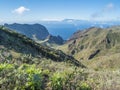 Dramatic lush green picturesque valley. Landscape with sharp rock formation, hills and cliffs seen from hiking trail at