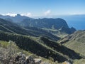 Dramatic lush green picturesque valley. Landscape with sharp rock formation, hills and cliffs seen from hiking trail at