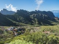 Dramatic lush green picturesque valley with old village Los Carrizales . Landscape with sharp rock formation, hills and