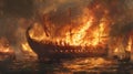 Dramatic Maritime Scene: Ancient Greek Ship Engulfed in Flames