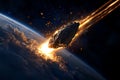 Dramatic meteor entering Earth\'s atmosphere with fiery trail, symbolizing space phenomenon and cosmic impact event