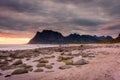 Dramatic midnight sunset with amazing colors over Uttakleiv beach on Lofoten Islands,  Norway Royalty Free Stock Photo