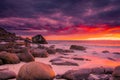 Dramatic midnight sunset with amazing colors over Uttakleiv beach on Lofoten Islands,  Norway Royalty Free Stock Photo