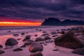 Dramatic midnight sunset with amazing colors over Uttakleiv beach on Lofoten Islands,  Norway Royalty Free Stock Photo