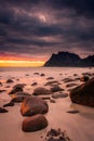 Dramatic midnight sunset with amazing colors over Uttakleiv beach on Lofoten Islands,  Norway Royalty Free Stock Photo
