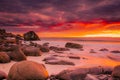 Dramatic midnight sunset with amazing colors over Uttakleiv beach on Lofoten Islands,  Norway Royalty Free Stock Photo
