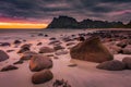 Dramatic midnight sunset with amazing colors over Uttakleiv beach on Lofoten Islands,  Norway Royalty Free Stock Photo