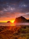 Dramatic midnight sunset with amazing colors over Uttakleiv beach on Lofoten Islands,  Norway Royalty Free Stock Photo