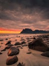 Dramatic midnight sunset with amazing colors over Uttakleiv beach on Lofoten Islands,  Norway Royalty Free Stock Photo