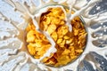 Dramatic milk splash on golden cornflakes in a clear bowl Royalty Free Stock Photo