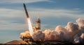 Rocket blasts off from the launchpad into the sky Royalty Free Stock Photo
