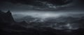 A dramatic monochrome landscape depicting misty mountains piercing through thick clouds under a stormy sky