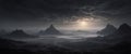 A dramatic monochrome landscape depicting misty mountains piercing through thick clouds under a stormy sky