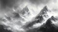 Dramatic monochrome mountain range, misty peaks, storm clouds, fantasy art, game background Royalty Free Stock Photo
