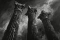 Dramatic Monochrome Oil Painting of Roman Pillars Against a Stormy Sky. Generative Ai Royalty Free Stock Photo