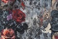 Gothic Vintage Floral Pattern with Red Roses on Grey Grunge Damask Background Royalty Free Stock Photo