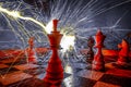 Dramatic and moody shot of chess pieces with sparkling lights background