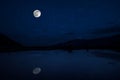 This dramatic moon rise in a deep blue night time sky is accented by highlighted clouds and beautiful, calm lake reflection.