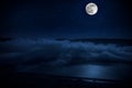 This dramatic moon rise in a deep blue night time sky is accented by highlighted clouds and beautiful, calm lake reflection.